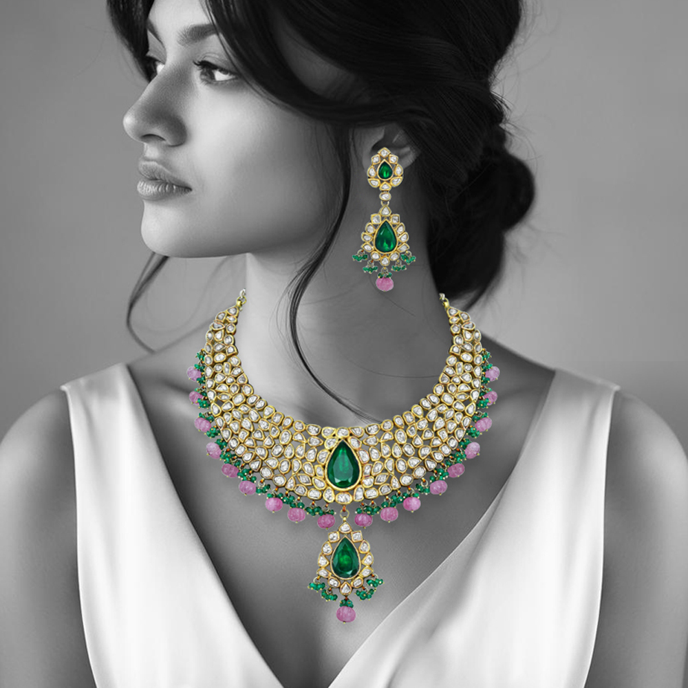 Polki Diamond Necklace Set with Green Stone and Pink Beads